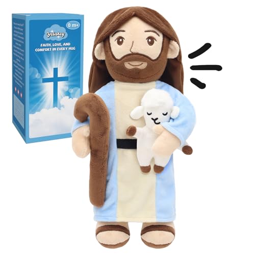 Yelakey Good Shepherd Jesus Plush Doll - 15'' Voice Jesus Holding Lamb Plush Toy Speaks 1 Story, 5 Bible Verses and 2 Children’s Songs Christian Plush Toy Gift for Kids, Easter & Sunday School
