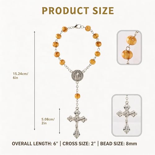 Steering Wheel Rosary Charm Accessory, Virgin Mary Cross Pendant, Steering Wheel Chain, Rearview Mirror Hanging Ornament, Car Rosary for Automotive Protection Charm Decor (Brown) - color: Brown