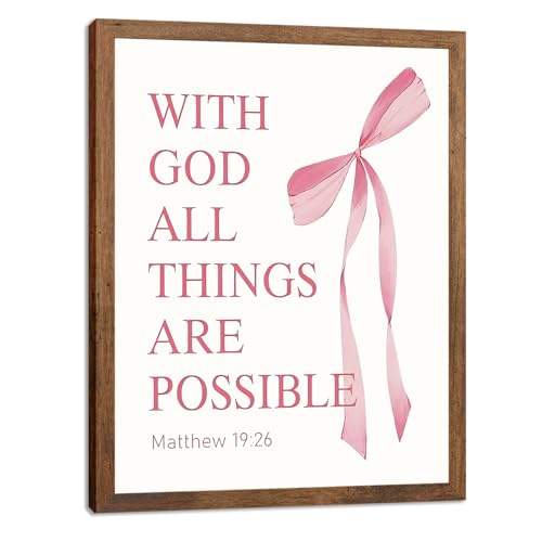 SEHSUVC Pink Bows Bible Verse Christian Canvas Wall Art, Wood Framed Trendy Religious Wall Decor, Cute Coquette Preppy Girls Aesthetic Room Decor Gifts for Bedroom Living Room Home Decor 8x10inch - color: Pink Bow 19:26