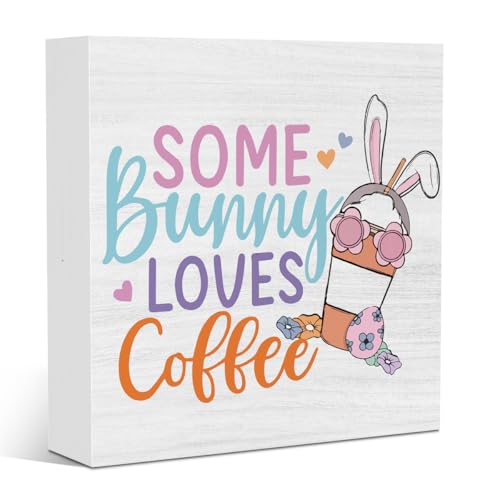 Funny Easter Coffee Bar Peeps Decor Easter Bunny Decorations for Office Home Farmhouse Kitchen Bedroom Dining Room Desk Table Wooden Decor 5 X 5 Inches - color: BunnyCoffee