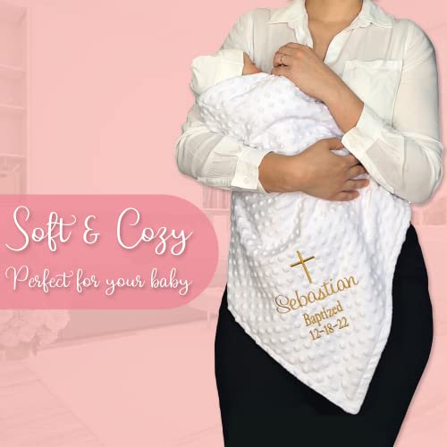 Baptism Blanket Personalized Baby Gifts – Luxurious Baptismal Gifts Textured Baby Blanket with Name, Date – Unique Christening Gifts for Girls and Boys – Soft Minky (White/Gold) - color: White/Gold