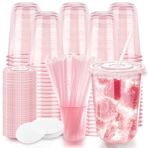 16oz Disposable Stemless Glasses with Flat Lids and Straws,PET Disposable Drinking Cups,Clear Plastic Wine Glasses for Parties Birthday,Wedding,Meeting,Christmas Party Supplies. (100, Pink) - color: Pink