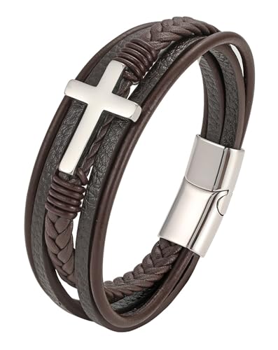 Cross Leather Bracelet for Men, Multi-Layer Braided Mens Religious Cuff Bracelets with Stainless Steel Clasp Anniversary Father's Day Birthday Christmas Jewelry Gifts for Him - color: Silver Clasp & Brown Leather