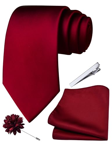 Branduce 3.15"（8cm） Mens Tie and Lapel Pin Solid Necktie Handkerchief Tie Clip Set for Men - color: Burgundy