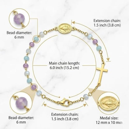 18K Gold Plated 316L Stainless Steel Rosary Bracelet for Women, Amazonite Amethyst Larimar Stone Beaded Cross Bracelet with Religious Medal, First Communion Confirmation Baptism Religious Gift Jewelry, 7.5inch
