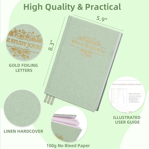 XKDOUS Linen 8.6" Bible Study Journal, Bible Notebook for Women, Green - color: Green