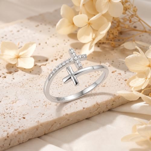 Cross Rings 925 Sterling Silver for Women Christian Religious Jewelry Faith Gifts for Mom Wife Girlfriend Her - color: White-7