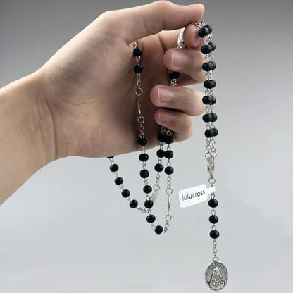 Seven Sorrows of Mary Rosary Wooden Beads Catholic Jewelry Necklace for Pray - color: Black