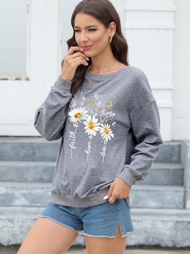Women’s Christian Sweatshirts,Faith Hope Love Daisy Print Crewneck Long Sleeve Casual Loose Fit Sweatshirt - color: Dark Grey, size: Medium