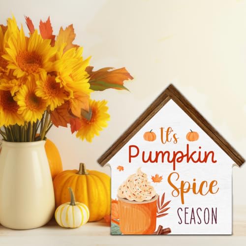 Fall Home Decor, It's Pumpkin Spice Season House Shaped Wood Block Sign - color: Pumpkin