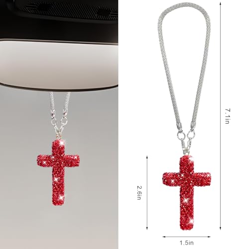 Cross Car Rearview Mirror Ornament, Shiny Rhinestone Cross Auto Rear View Mirror Pendant, Bling Religious Charms Interior Decor for Most Vehicles Rearview Mirrors (Red) - color: Red