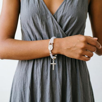 Cross Rosary Bracelet for Women Handcrafted Crystal Virgin Mary Cross Beaded Bracelets Christian Faith Link Bracelets Crucifix Religious Christian Faith Jewelry - color: White