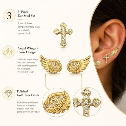 Angel Wing Stud Earrings for Women Crystal Cross Screw Back Wings Earrings Piercing Jewelry - color: 3pcs Gold