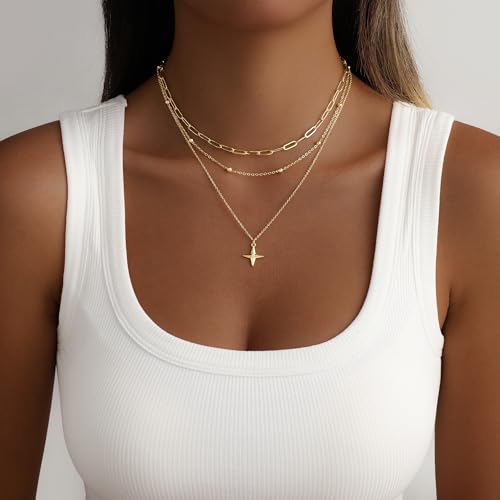 Layered Gold Necklace for Women, 14K Gold Plated Necklace Stack Set, Dainty Pendant Necklace Non Tarnish, Fashion Bow CZ Circle Star Hammered Cross Jewelry Gift for Women - color: Gold-02
