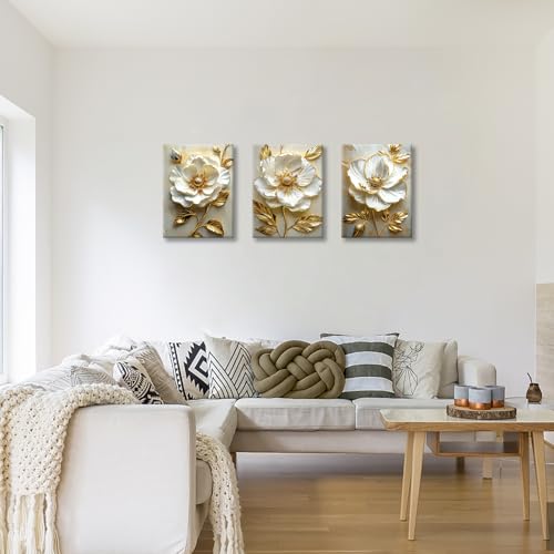 WENGTIAO Modern White Floral Golden Leaves Canvas Wall Art Set 12x16 x3Pcs - color: Flower-golden leaf, size: 12"x16"x3Pcs