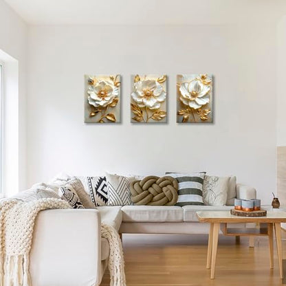 WENGTIAO Modern White Floral Golden Leaves Canvas Wall Art Set 12x16 x3Pcs - color: Flower-golden leaf, size: 12"x16"x3Pcs
