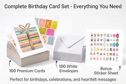 100 Pack Birthday Cards Bulk with Envelopes & Stickers, Large 5x7 Assorted Happy Birthday Cards, 300gsm Thick Cardstock, Gold Foil Designs, Blank Inside, Storage Box Included