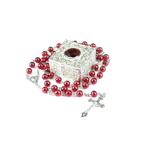 Vintage Rosary Necklace With Red Beads, Gift Box for Women, First Communion Catholic Rosary - color: RED-001