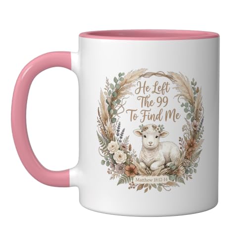 He Left the 99 to Find Me Christian Lamb Bible Verse Matthew Ceramic Mug, Pink/White, 11oz - color: Pink/White, size: 11 Ounces