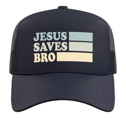 Jesus Saves Bro Christian Religion Trucker Hat with Adjustable Mesh Back - color: Navy Blue