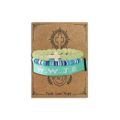 WWJD Bracelets Set WWJD Wristbands Christian Cross Bracelet Stackable Clay Bead Bracelets Stretch Glass Beaded Inspirational Christian Jewelry Gift for Couples Women Men - color: 3PCS Green