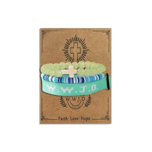 WWJD Bracelets Set WWJD Wristbands Christian Cross Bracelet Stackable Clay Bead Bracelets Stretch Glass Beaded Inspirational Christian Jewelry Gift for Couples Women Men - color: 3PCS Green