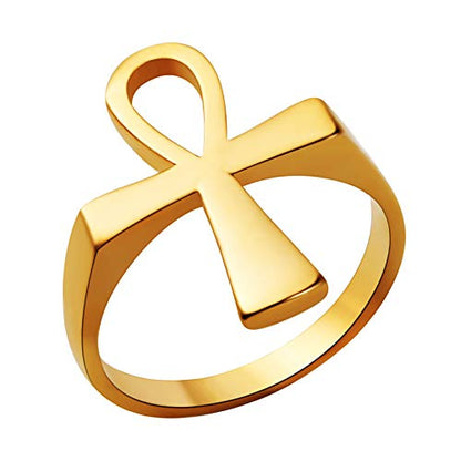 HZMAN Stainless Steel Egyptian Ankh Cross Ring for Men Women - color: Gold