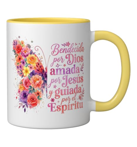 Bendecida Por Dios Amada Por Jesus Christian Spanish Floral Ceramic Mug, Yellow/White - color: Yellow/White, size: 11 Ounces