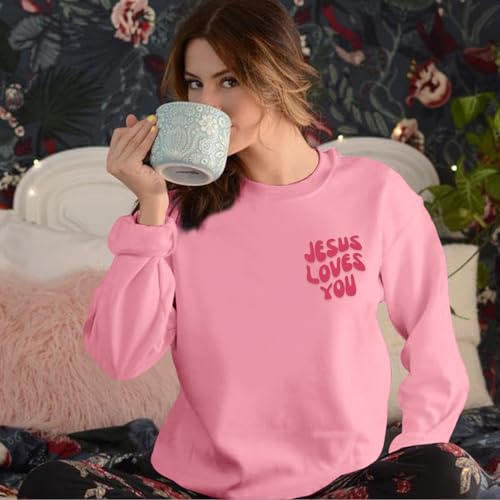 Christian Sweatshirts Women Jesus Loves You Sweatshirt Faith God Shirts Religious Hoodie Oversized Crewneck Pullover - color: Pink, size: Small