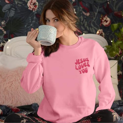 Christian Sweatshirts Women Jesus Loves You Sweatshirt Faith God Shirts Religious Hoodie Oversized Crewneck Pullover - color: Pink, size: Small