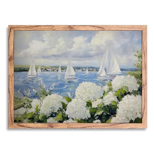 KBBYT Wood Frame Coastal Wall Art Grandmillennial Preppy Sailboat Posters Nautical Floral Canvas Print Blue White Hydrangea Ocean Painting Cottagecore Wall Decor for Living Room Bedroom 8x12inch - color: style-5 Wood Framed, size: 8"L x 12"W