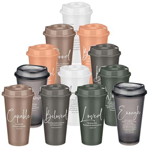 FoldTier 12 Pcs Church Gifts Inspirational Christian Coffee Cups Bulk Religious Gifts 16 oz Reusable Plastic Bible Verse Tumbler with Lid Straw Scripture Drinking Cup(Morandi Color) - color: Morandi Color