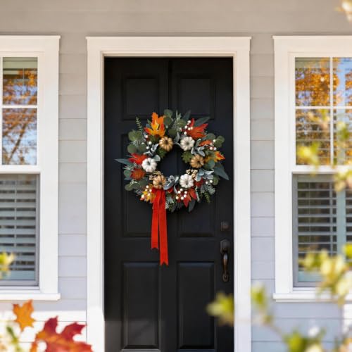 Fall Front Door Wreaths with Ribbon, 24 Inch Pumpkin Autumn Wreath