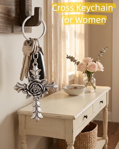 Cross Keychain for Men,Jesus Key Chain Christian Car Key Accessories，Easter Christmas Religious Gift,Purse Bag Charms - color: Silver Rose