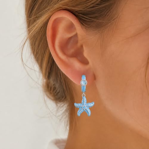 925 Sterling Silver Cute Animal Unique Huggie Hoop Earrings for Women - color: Blue Starfish