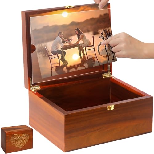 Large Wooden Keepsake Box with Hinged Lid and Photo Frame - Elegant Wedding Memory Box, Ideal for Photos, Letters, Time Capsules, Bride Gift, Decorative Storage，5.5“*8.6”*11.3“ - color: Heart