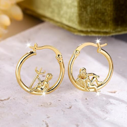 Angel Devil Mismatched Hoop Earrings for Women - 14K Gold Plated Cherub Hoop Earrings, Hypoallergenic 925 Sterling Silver Posts Cute Edgy Jewelry Gifts