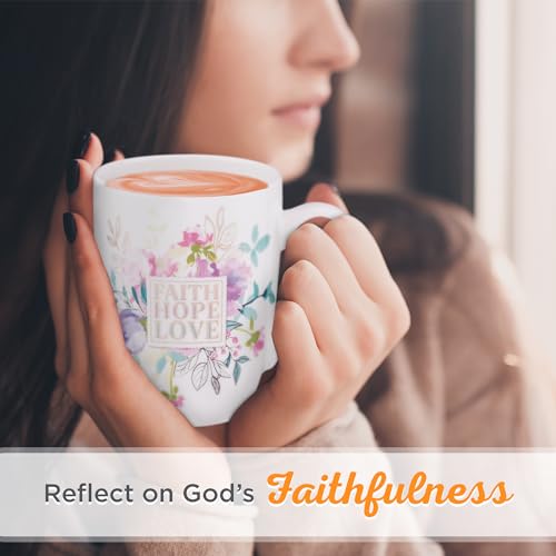 Christian Art Gifts Coffee Mug for Women and Men "Faith Hope Love" - 1 Corinthians 13:13 Lead-free and Non-Toxic White Ceramic Mug with Pastel Floral Inspirational Coffee Cup, 12oz