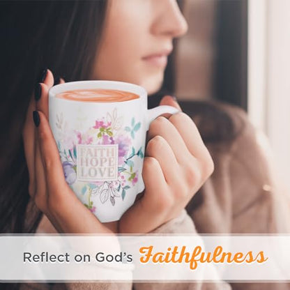 Christian Art Gifts Coffee Mug for Women and Men "Faith Hope Love" - 1 Corinthians 13:13 Lead-free and Non-Toxic White Ceramic Mug with Pastel Floral Inspirational Coffee Cup, 12oz