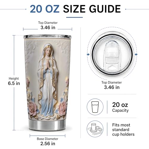 Virgin Mary White Statue Art 20oz Tumbler, Virgin Mary Tumbler for Daily Drinks, Blue Robe Rose Illustration, Catholic Devotional Cup, Religious Design for Women, Men, and Church Use (Steel) - color: Steel