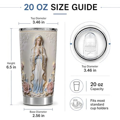 Virgin Mary White Statue Art 20oz Tumbler, Virgin Mary Tumbler for Daily Drinks, Blue Robe Rose Illustration, Catholic Devotional Cup, Religious Design for Women, Men, and Church Use (Steel) - color: Steel