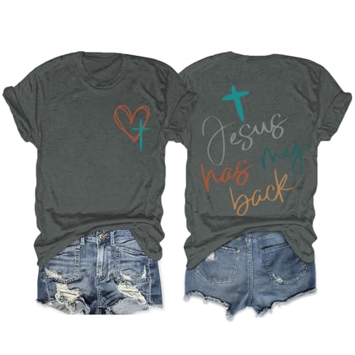 Tuislay Christian Shirts for Women Jesus Has My Back Tshirt God Bible Verse Shirt Faith Cross T Shirts Inspirational Tees Top - color: Deep Gray, size: Small