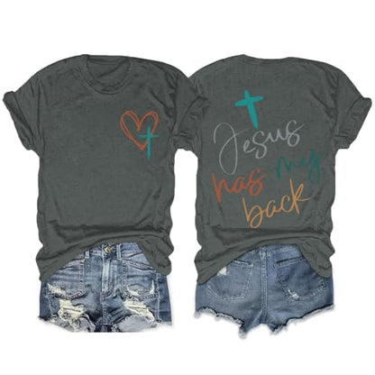 Tuislay Christian Shirts for Women Jesus Has My Back Tshirt God Bible Verse Shirt Faith Cross T Shirts Inspirational Tees Top - color: Deep Gray, size: X-Large