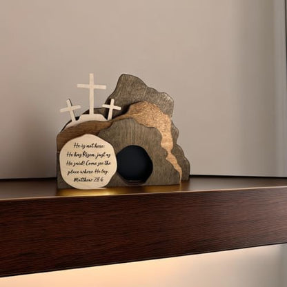 The Empty Tomb Easter Scene and Cross Decoration, He is Risen Decor,Jesus Tomb Tray Bundle Kit, Wooden Easter Jesus Sign Tiered Tray Decorations for The Home, Tabletop, Office (Wood)