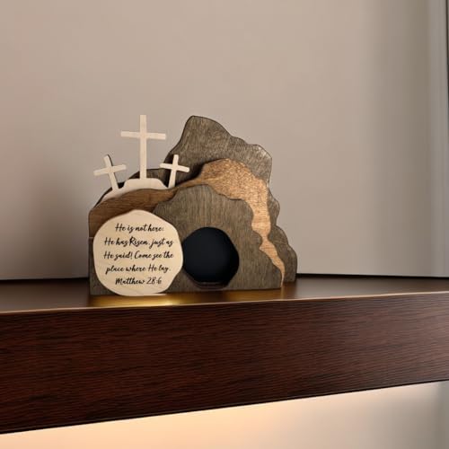 The Empty Tomb Easter Scene and Cross Decoration, He is Risen Decor,Jesus Tomb Tray Bundle Kit, Wooden Easter Jesus Sign Tiered Tray Decorations for The Home, Tabletop, Office (Wood)