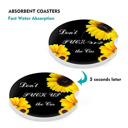 Car Coasters 2 Pack, Small 2.56" Stone Car Cupholder Absorbent Coaster Set for Women Men Drink Cup Holder Coasters (Sunflower&Funny Phrase) - color: Sunflower&funny Phrase