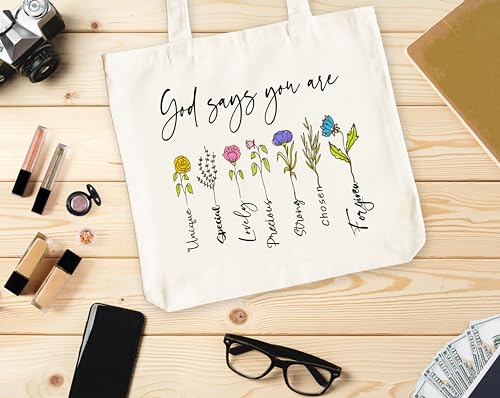 Inspirational Christian Canvas Tote Bag for Women, God Says You Are Unique Bible Tote, Bible Verse Religious Gift Bag, Floral Library Book Bag, Shoulder Bag Gifts for Women Friends Colleagues -26