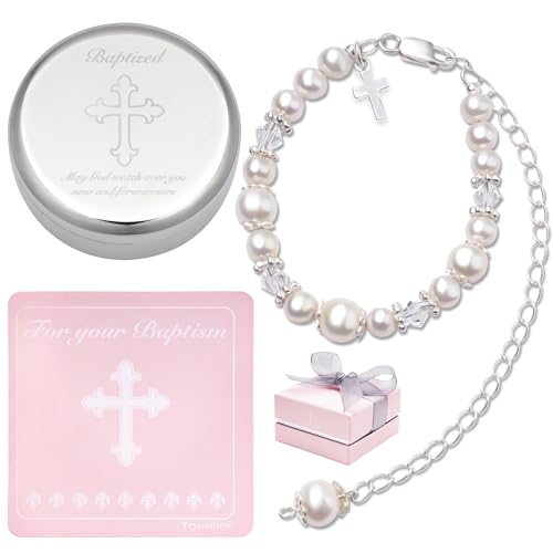 Tryuunion Baptism Bracelet in 925 Sterling Silver and Cultured Pearls for Baby Girls, with Silver-plated Jewelry Keepsake Box, Great Catholic Christening and Baptism Gifts for Girl - style: Basic Set