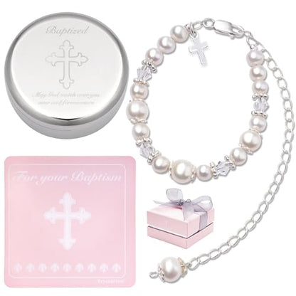 Tryuunion Baptism Bracelet in 925 Sterling Silver and Cultured Pearls for Baby Girls, with Silver-plated Jewelry Keepsake Box, Great Catholic Christening and Baptism Gifts for Girl - style: Basic Set