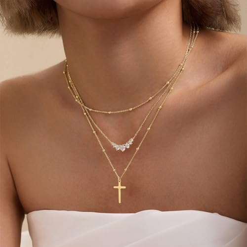 Cross Necklace for Women, Dainty 14K Gold Plated Cross Pendant Simple Long Necklaces for Women, Christian Faith Necklace Trendy Gold Jewelry Gifts for Easter - color: gold bead cross necklace